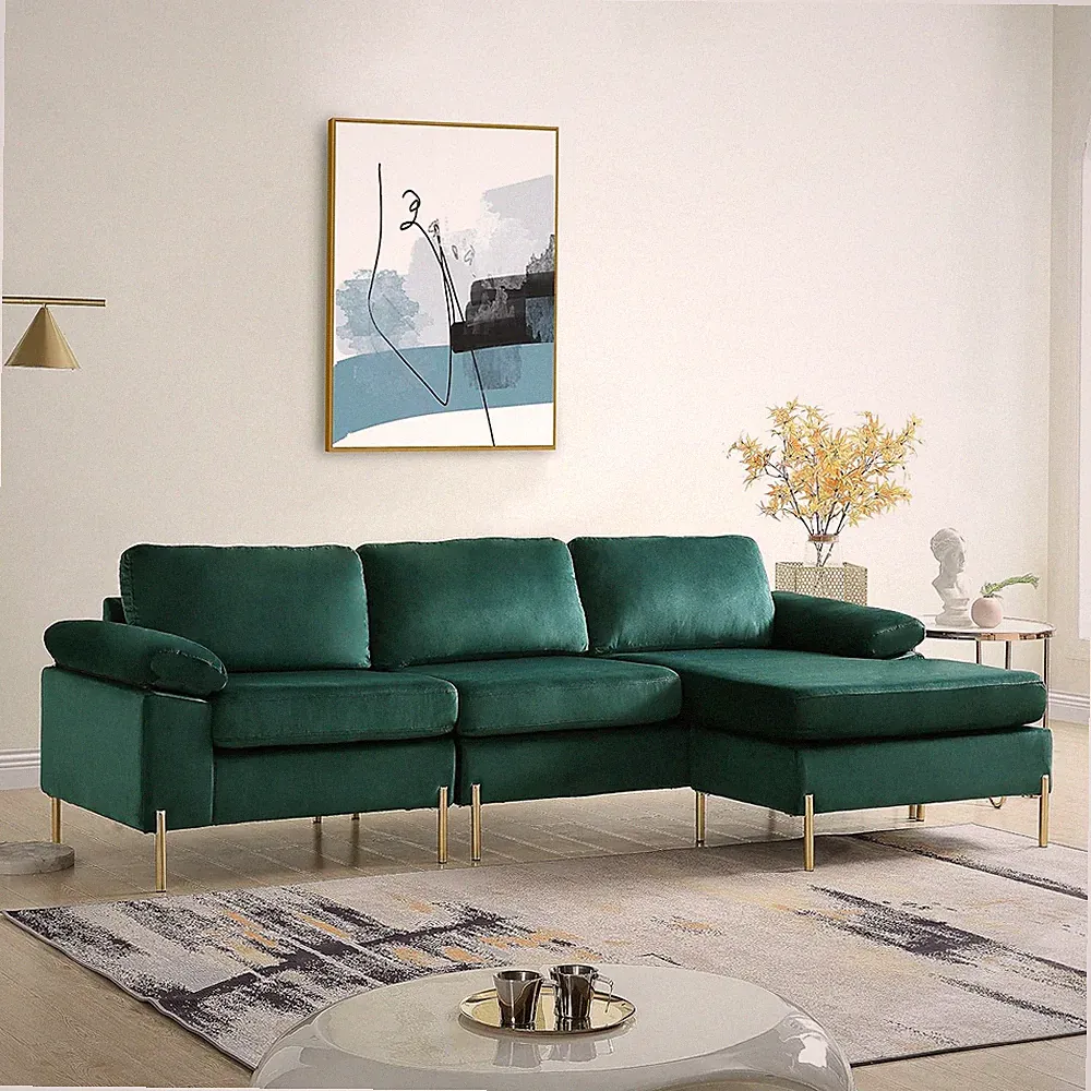 L-Shape Sectional Sofa W/Chaise and Pillow Arms, Velvet Corner Couch with Remova