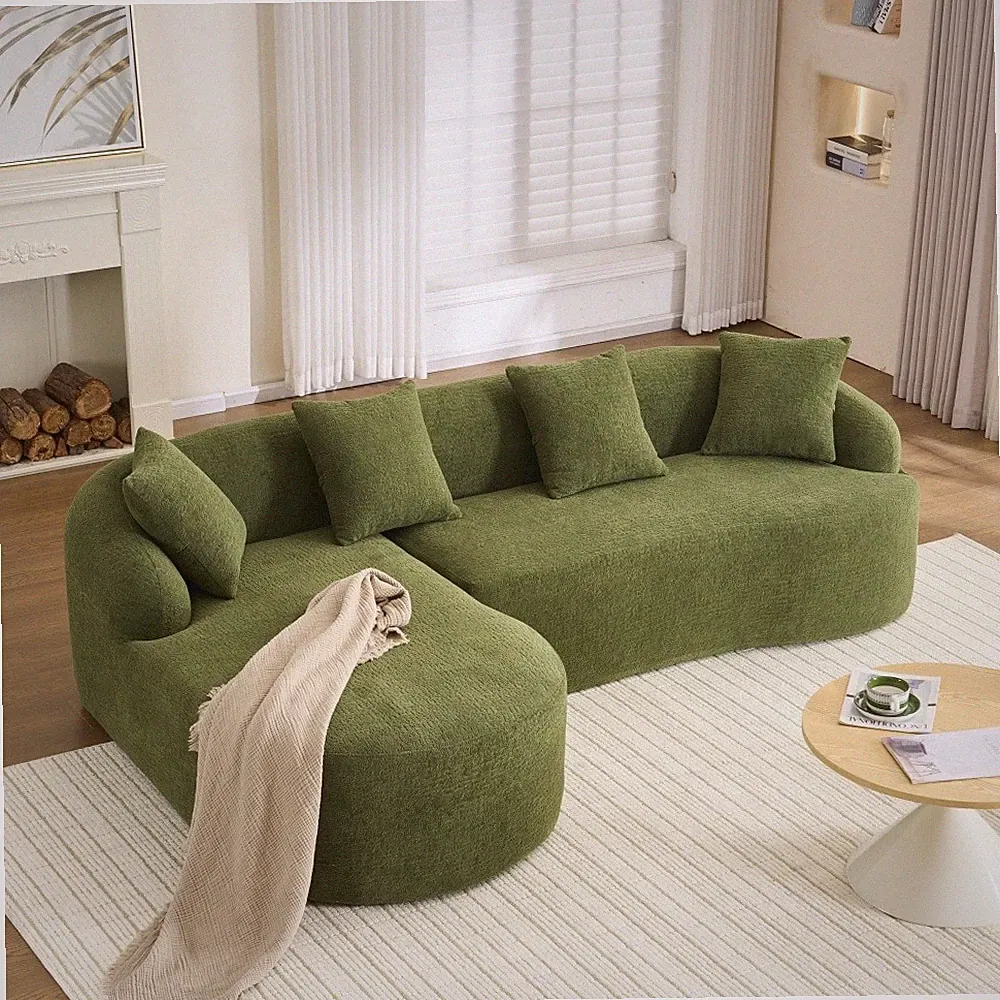 L-Shape Sectional Sofa w/ Curved Chaise, 3-Seat Green Chenille Couch No Assembly