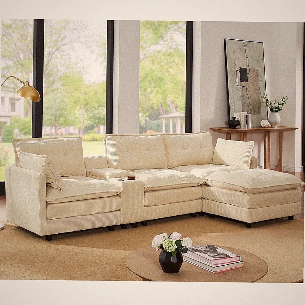 L-Shape Sectional Sofa w/Ottoman, Console, 4-Seater, Beige Corduroy