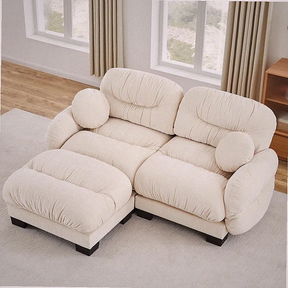 L-Shape Sectional Sofa w/ Ottoman & Pillows, Chenille Fabric, Beige