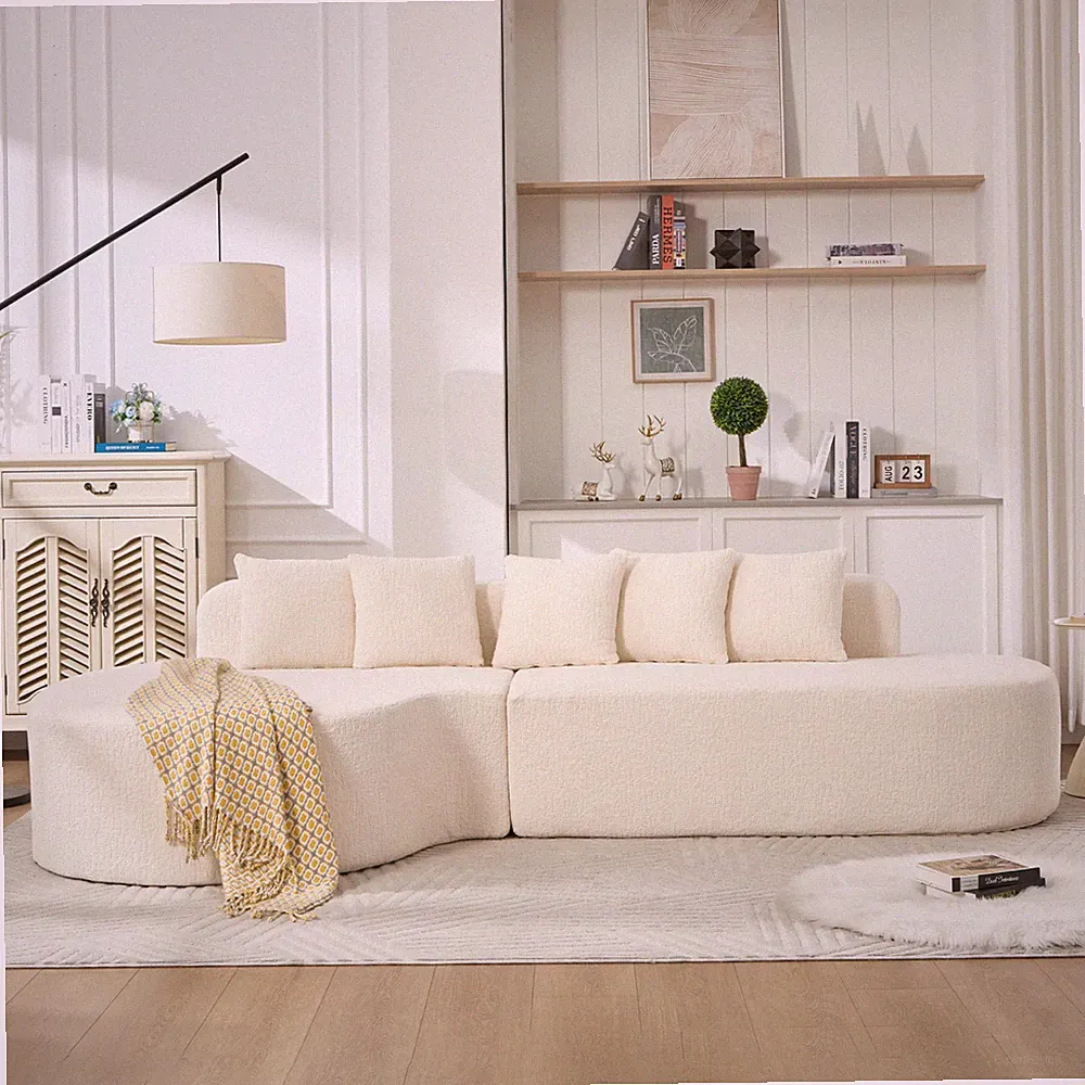 L-Shape Sectional Sofa with 5 Pillows, 112.2"x61.8"x25.6", White