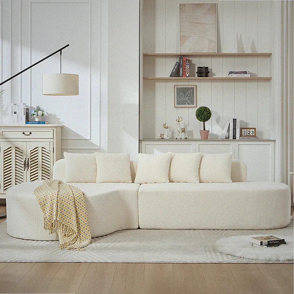 L-Shape Sectional Sofa with 5 Pillows, 112.2"x61.8"x25.6", White Chenille
