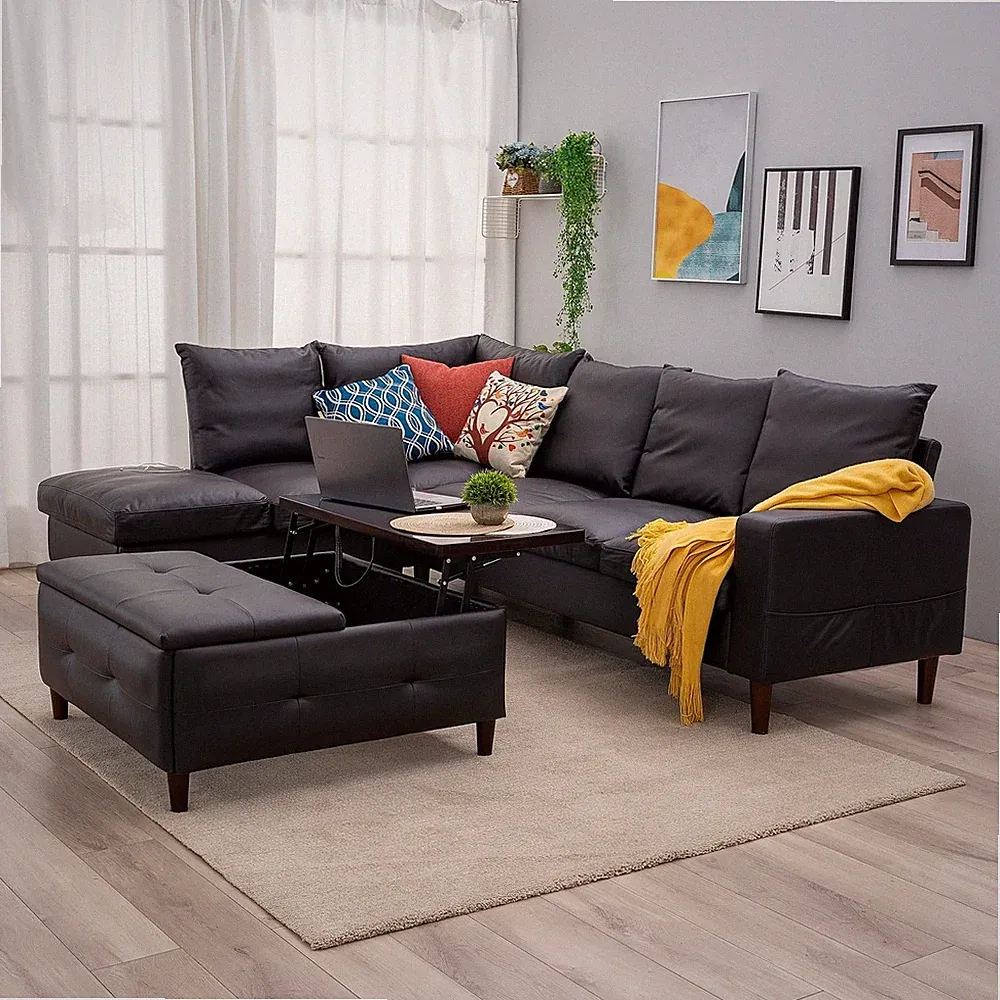 L-Shape Sectional Sofa with Built-in USB Port Chaise Black Leather