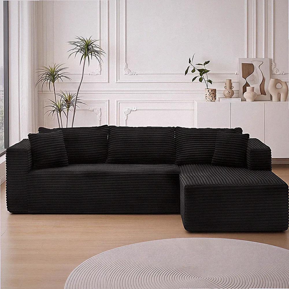 L-Shape Sectional Sofa with Chaise, 105" Black Corduroy Pillow Back