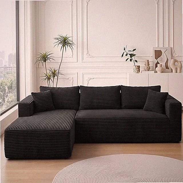 L-Shape Sectional Sofa with Chaise 105" Cloud Couch Black Corduroy