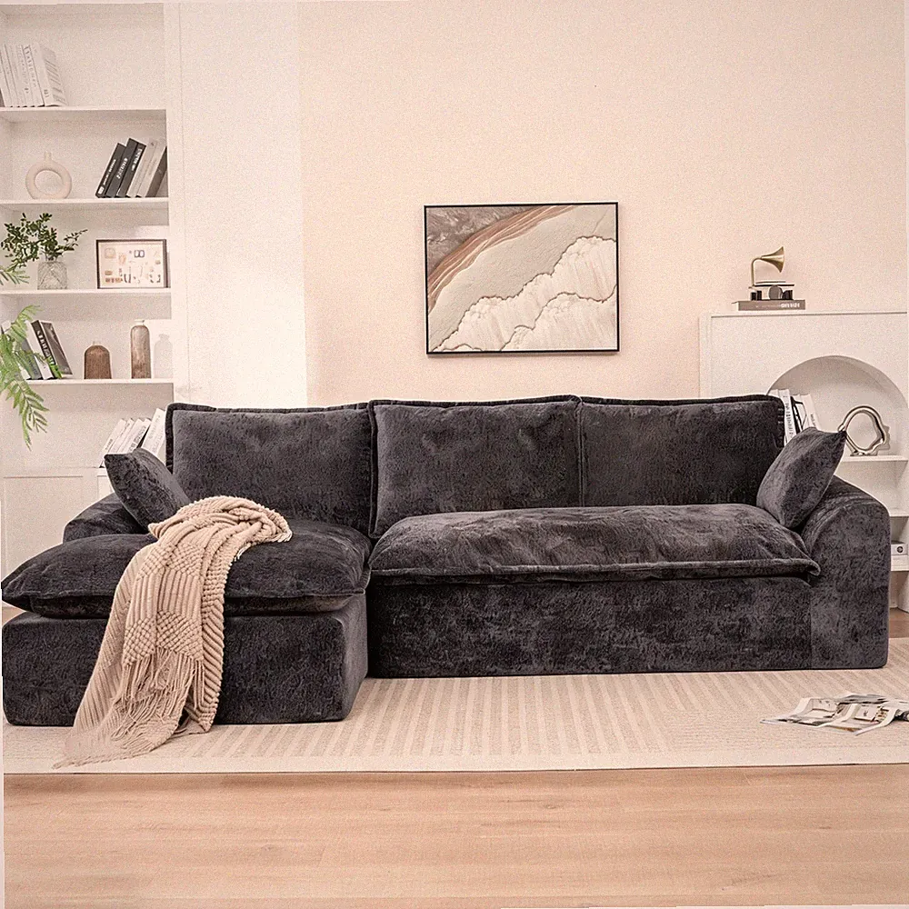 L-Shape Sectional Sofa with Chaise, Chenille Fabric, Black, 103"