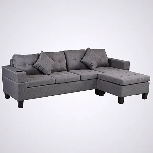 L-Shape Sectional Sofa with Chaise Lounge, Cup Holder, Grey