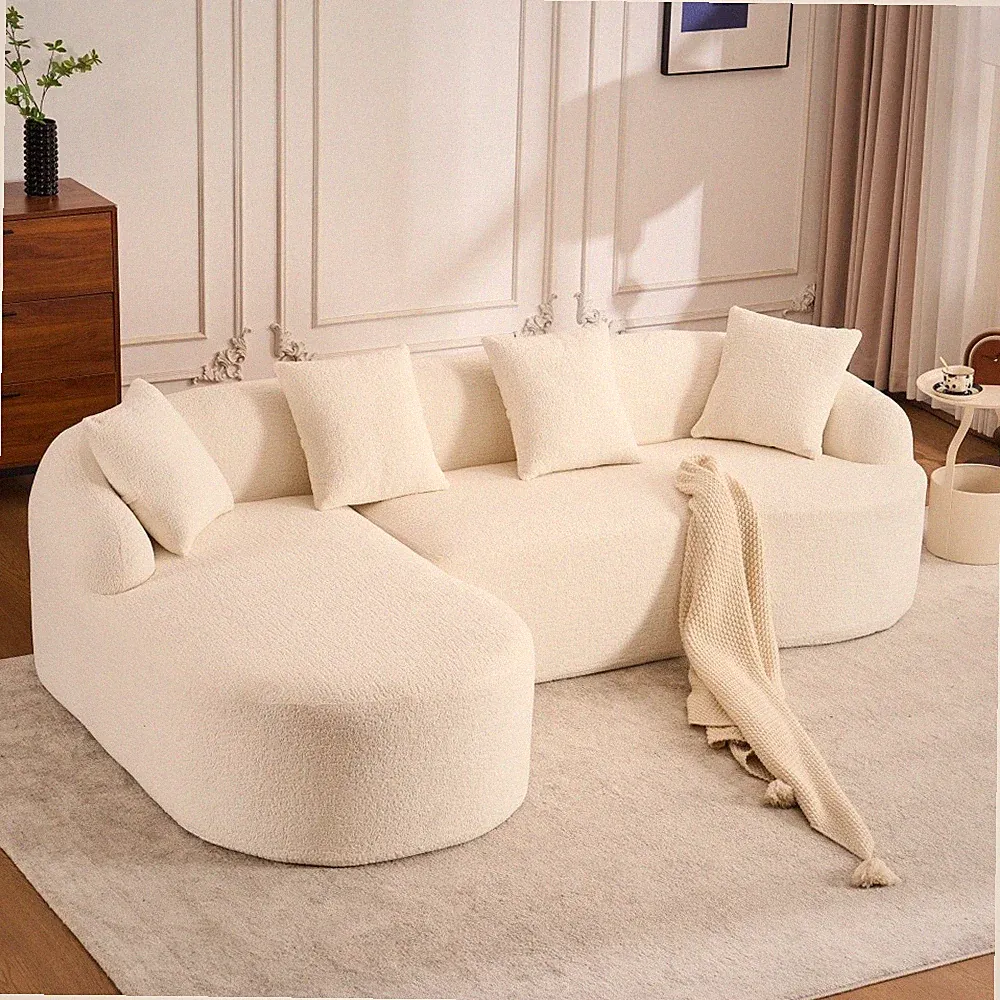 L-Shape Sectional Sofa with Chaise, White Chenille Fabric for Living Room