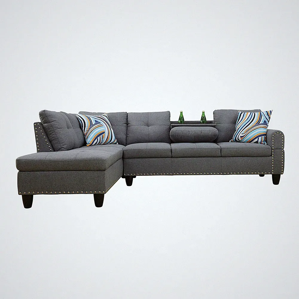 L-Shape Sectional Sofa with Cup Holder Ottoman, Dark Gray