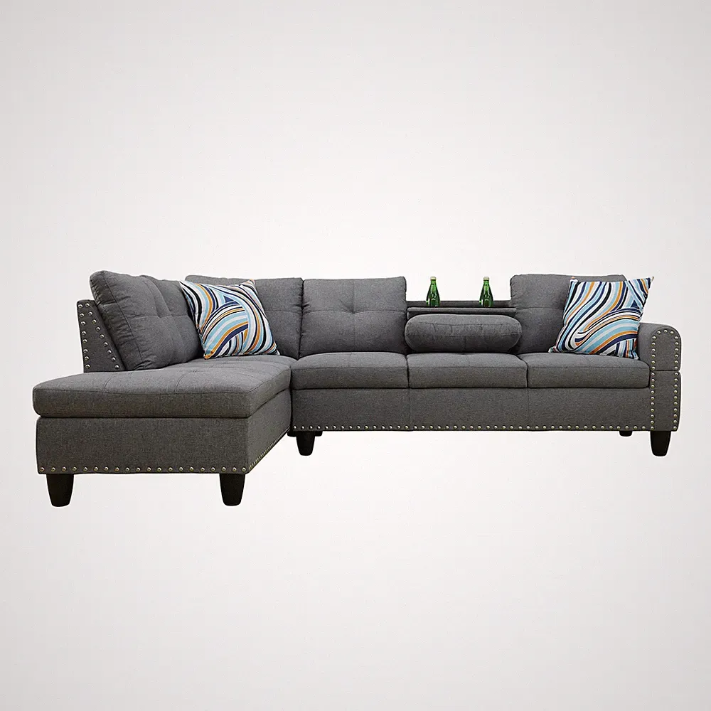 L-Shape Sectional Sofa with Cup Holder & Ottoman - Dark Gray