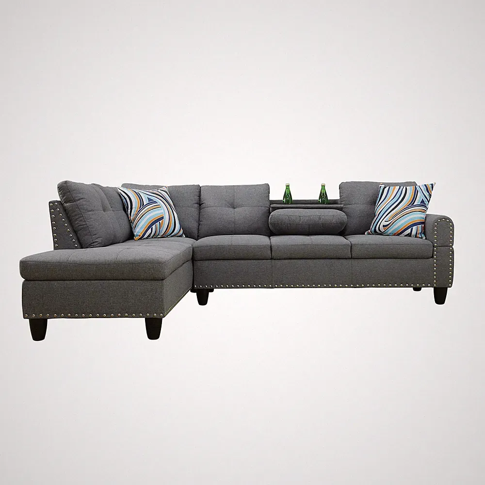 L-Shape Sectional Sofa with Cup Holders, Ottoman, Dark Gray