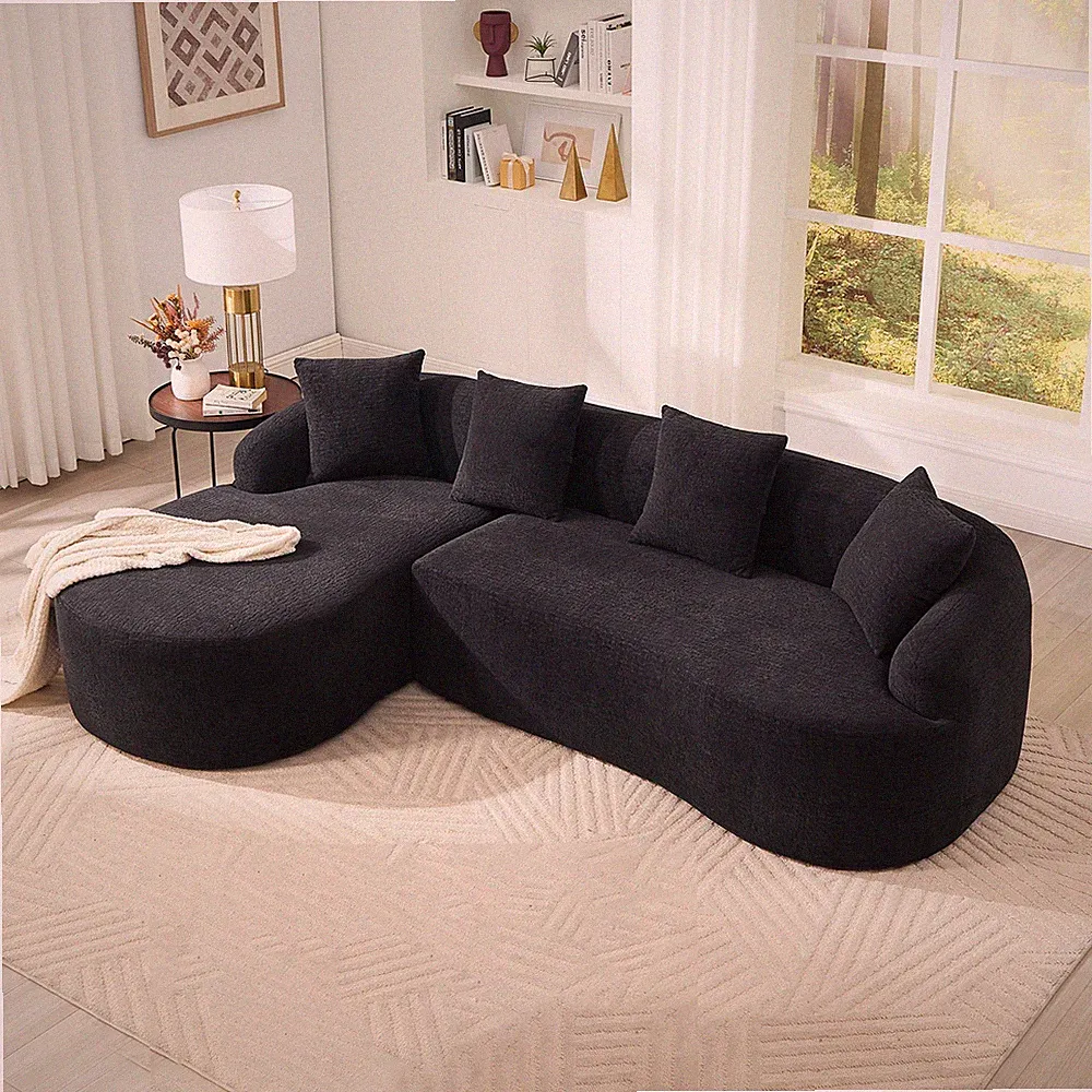 L-Shape Sectional Sofa with Curved Chaise, Black Chenille, 30D Foam