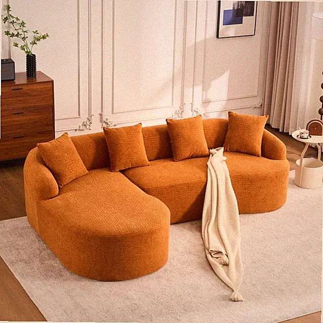 L-Shape Sectional Sofa with Curved Chaise, Chenille Fabric 3-Seater