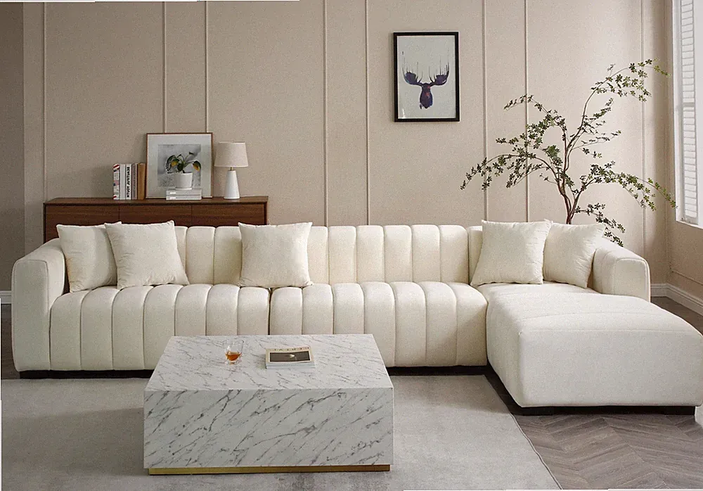 L-Shape Sectional Sofa with Deep Tufted Velvet Upholstered Right Chaise Modula
