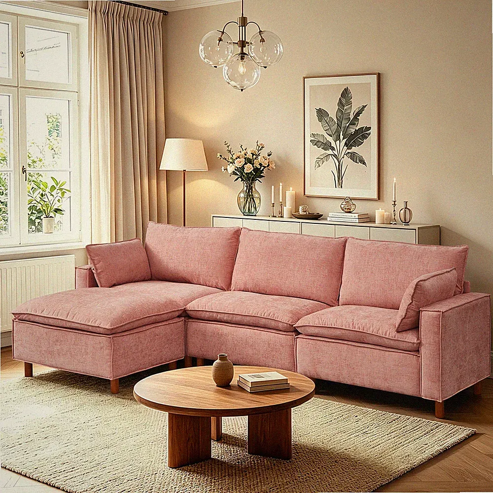 L-Shape Sectional Sofa with Ottoman, 108.5" Chenille, Pink