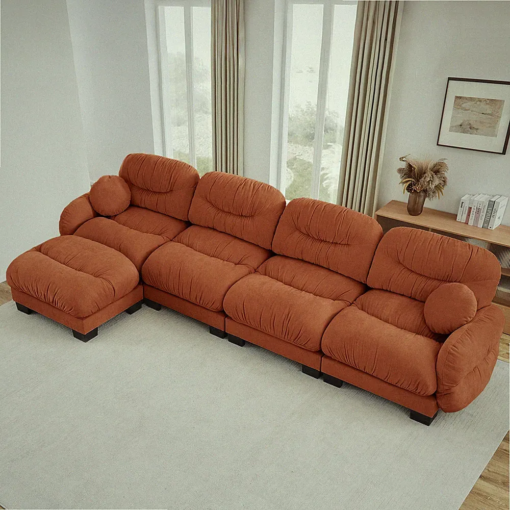 L-Shape Sectional Sofa with Ottoman, 4-Seater Modular Chenille Couch Orange