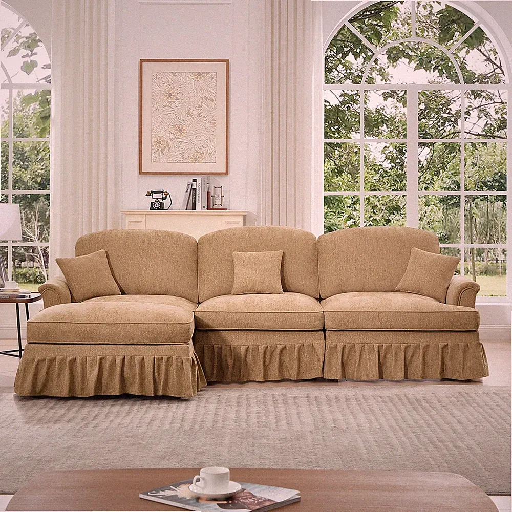 L-Shape Sectional Sofa with Ottoman, Light Coffee Chenille, 3-Seater
