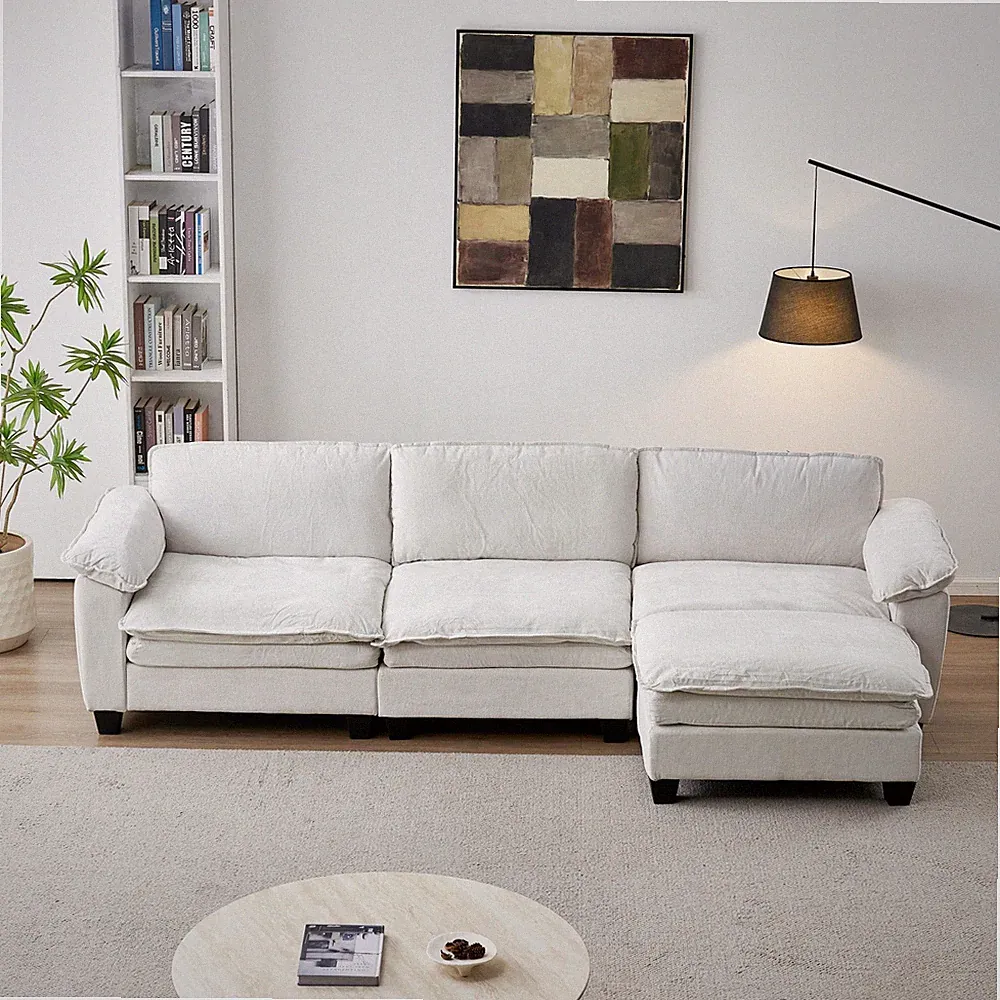 L-Shape Sectional Sofa with Ottoman Soft Chenille Upholstered Beige