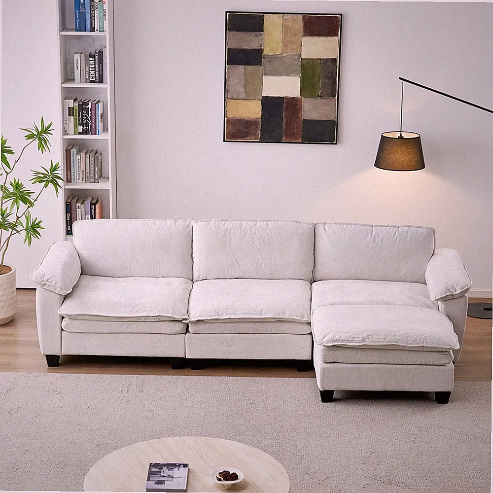 L-Shape Sofa with Ottoman, Soft Chenille Upholstery, Beige, 3-Seat Sectional