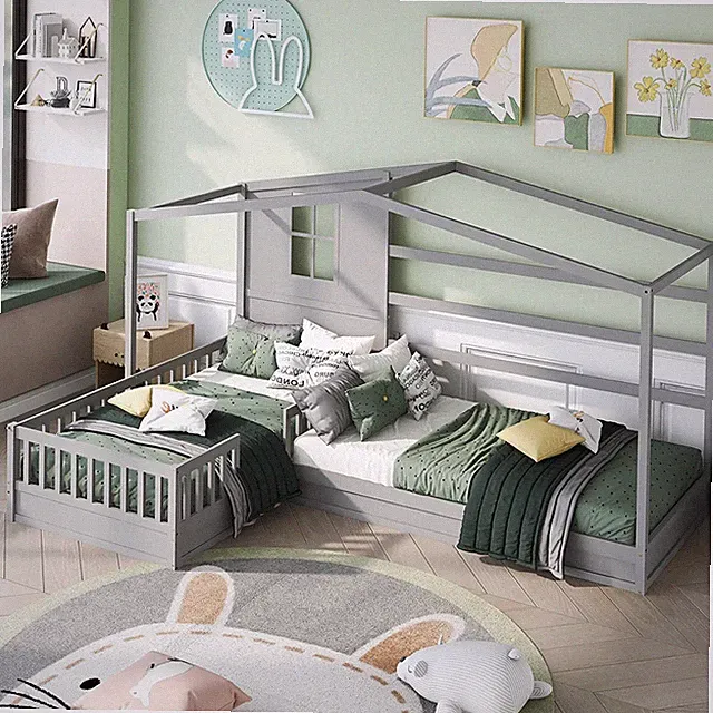 L-Shape Twin Size House Bed Wood Bed Frames 2 Platform Beds in 1 for Girls Boys