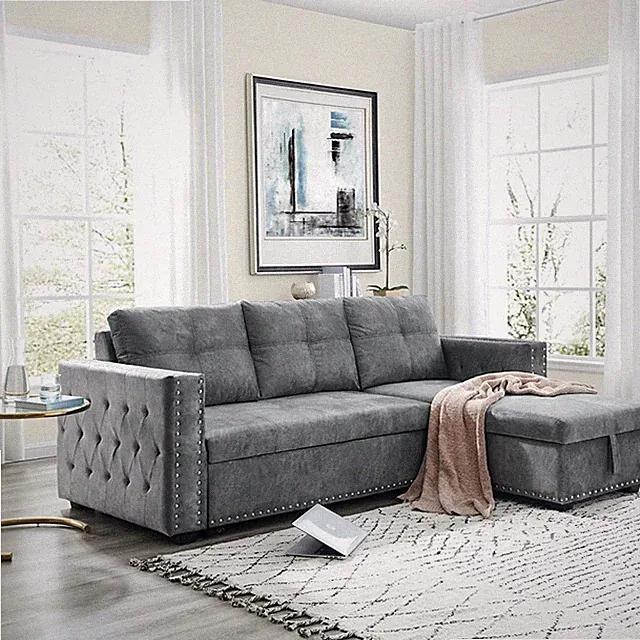L-Shape Velvet Convertible Sectional 3-Seat Sofa Couch Ottoman Chaise StorageUSB