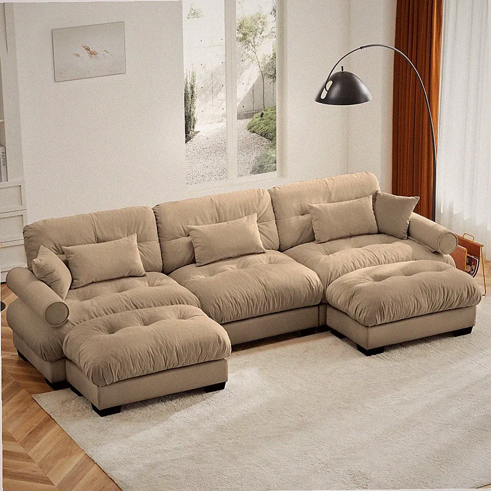 L-Shape Velvet Convertible Sectional Sofa w/ Ottoman, Living Room Couch