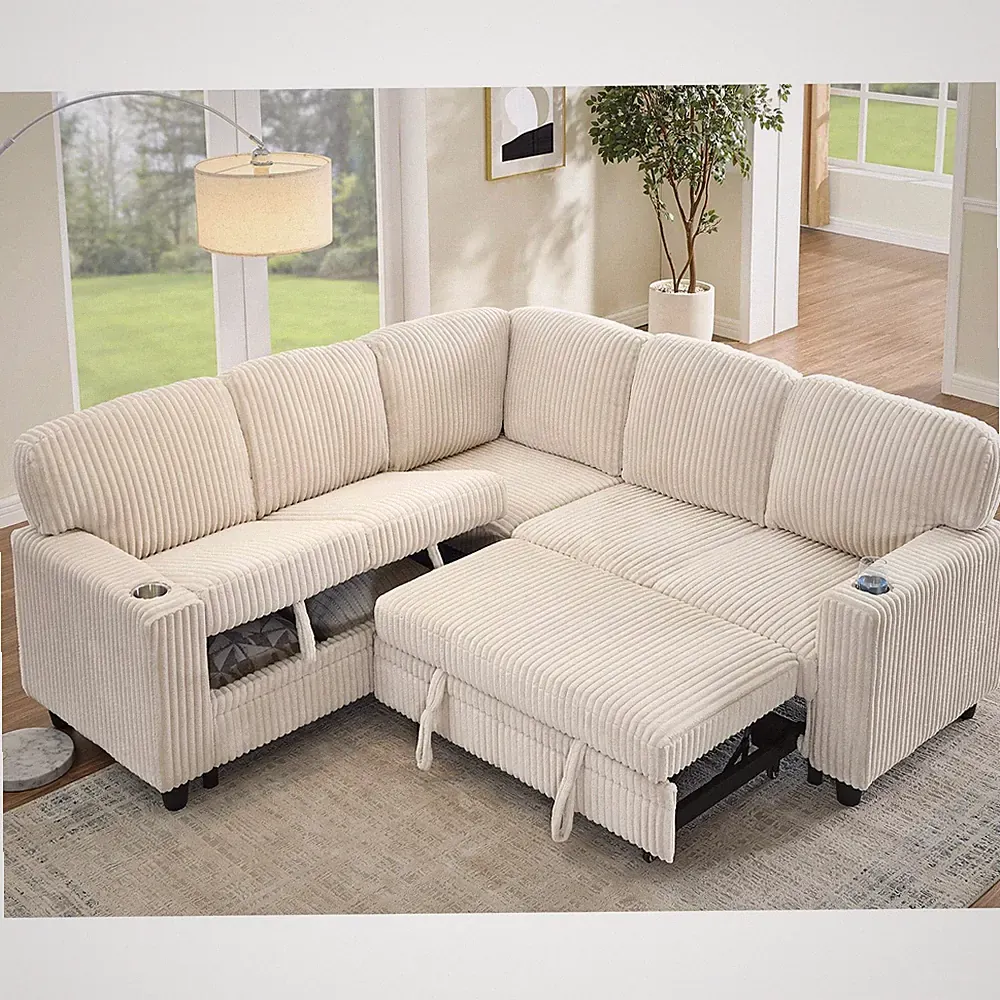 L-Shape Wood Sectional Sofa with Storage Sleeper Beige 81"