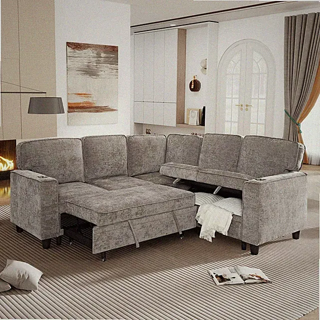 L-Shape Wood Sectional Sofa with Storage Sleeper Light Brown 81"