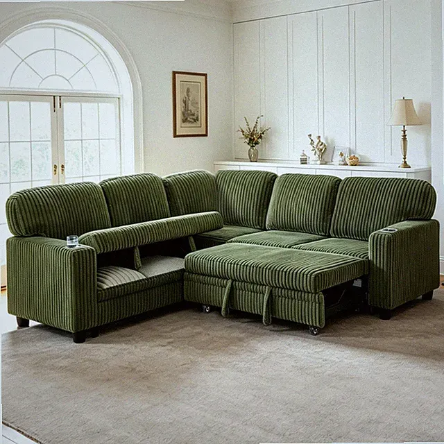 L-Shape Wood Sectional Sofa with Storage Sleeper Olive Green 81"