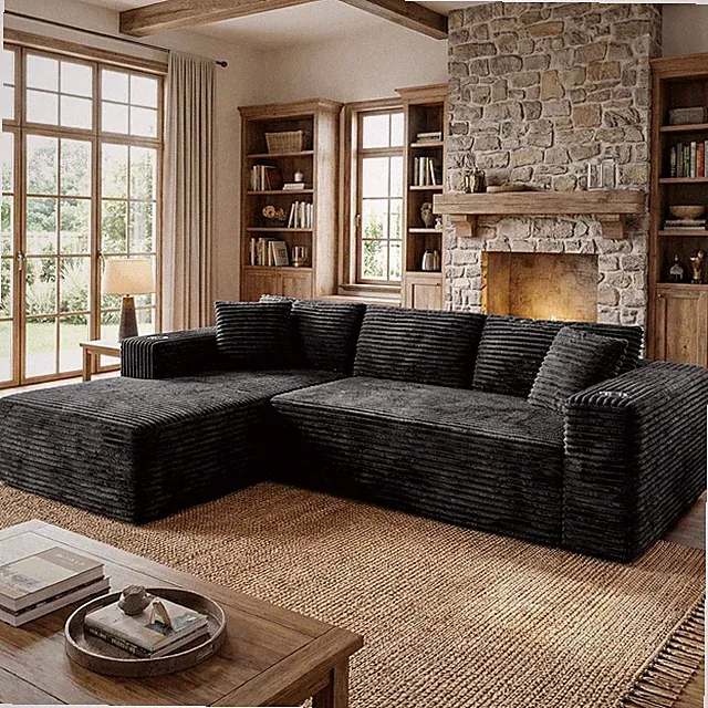 L-Shaped 103" Modular Sofa Set with Cup Holders - No Assembly, Plush Corduroy