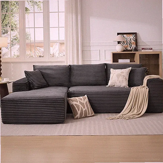 L-Shaped 108" Modular Sectional Couch with Left Chaise - Dark Grey Plush Sofa