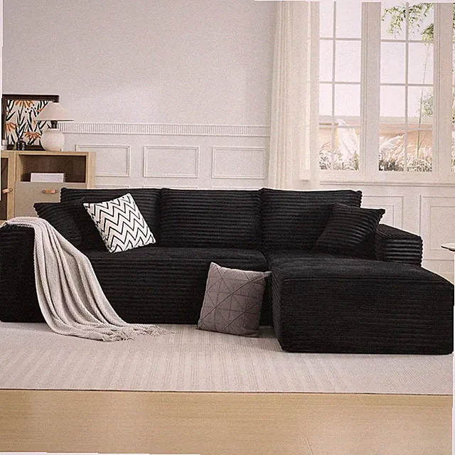 L-Shaped 108" Plush Corduroy Modular Sectional Sofa with Right Chaise - Black