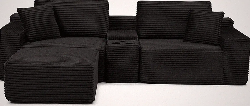 L-Shaped 111" Boneless Couch with Cup Holders & USB Ports - Jet Black