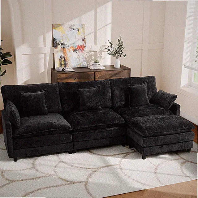 L-Shaped 113'' Cloud Couch, 4-Seater Modular Sofa with Ottoman & Pillows, Black