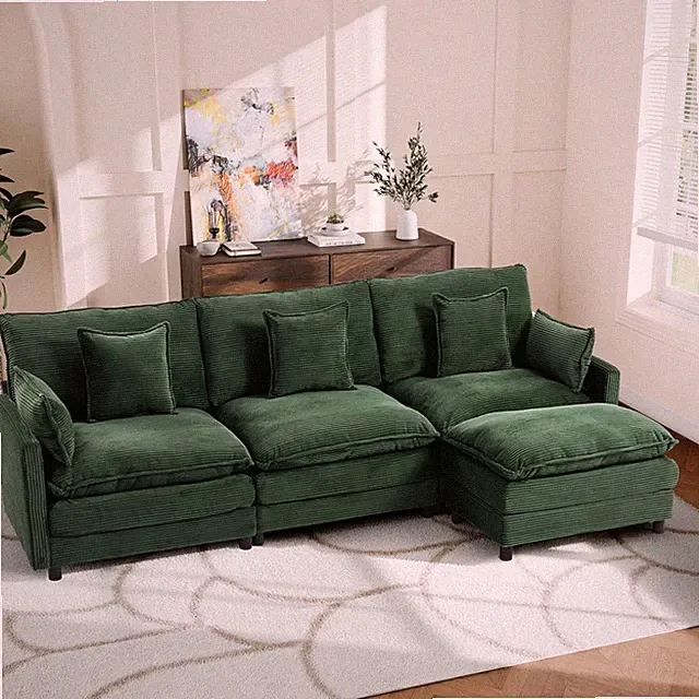 L-Shaped 113'' Cloud Couch - 4-Seater Modular Sofa with Ottoman & Pillows, Green