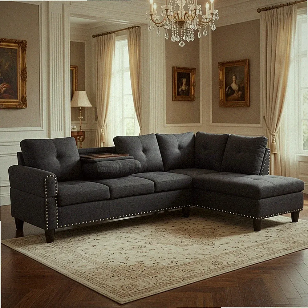 L-Shaped 2-Piece Sectional Sofa 69.5" x 97.5" Black Grey Linen Right Chaise