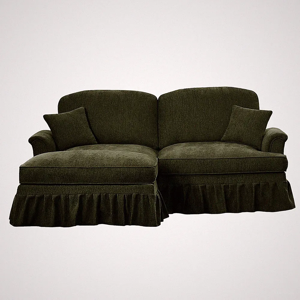 L-Shaped 2 Seat Chenille Sectional Sofa with Flared Arms, Green