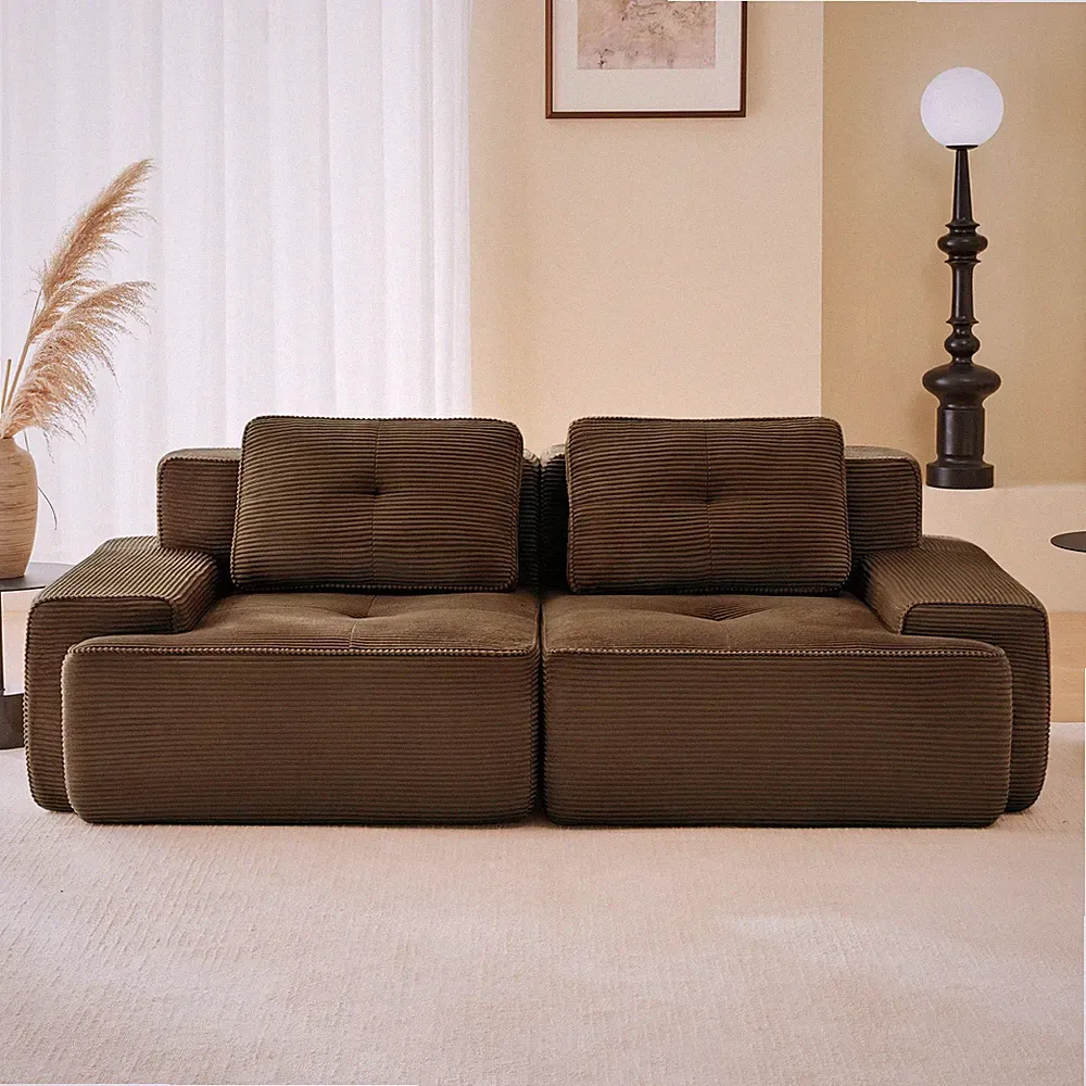 L-Shaped 2-Seater Sectional Sofa, Corduroy Fabric, No Assembly Req, Brown
