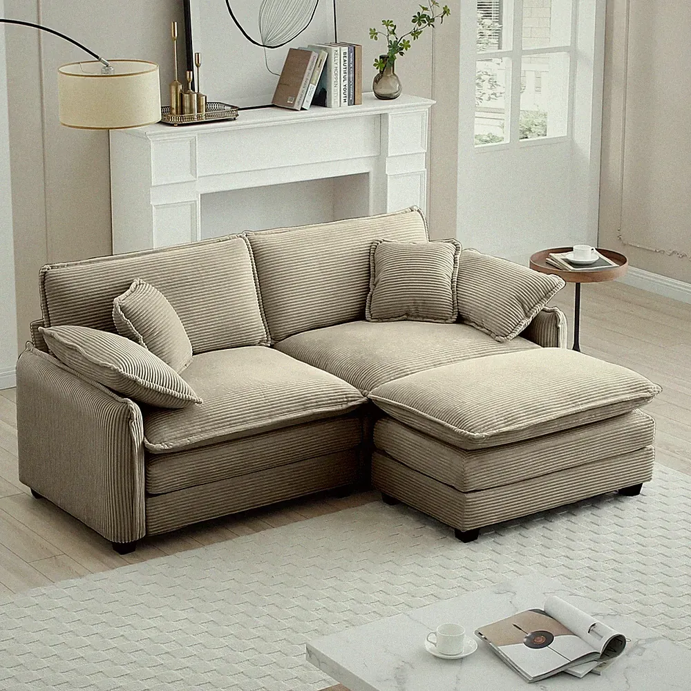 L-Shaped 2-Seater Sofa w/ Ottoman, Tan Corduroy for Small Living Spaces