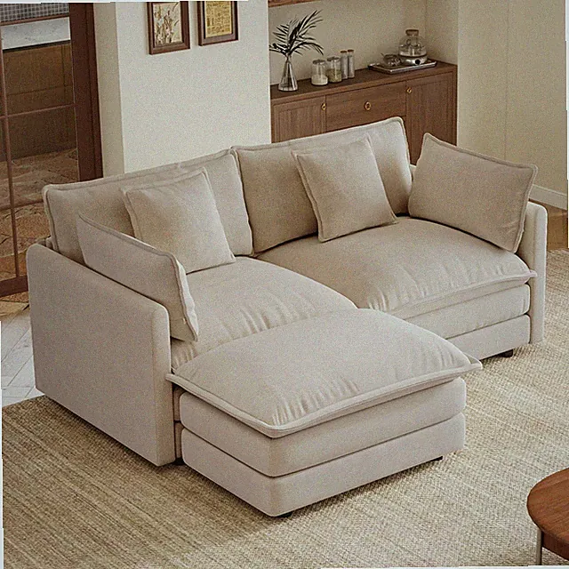 L-Shaped 2-Seater Sofa w/Ottoman w/2 Armrest Pillows and 2 Toss Pillows for Sm