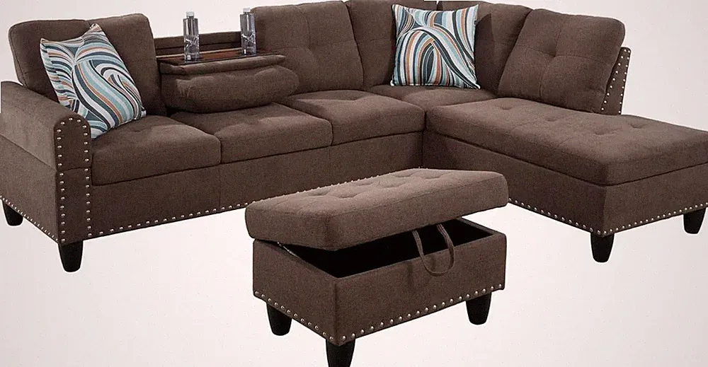 L-Shaped 3-Piece Breathable Fabric Sofa with Ottoman, Sectional Couch Set for Li