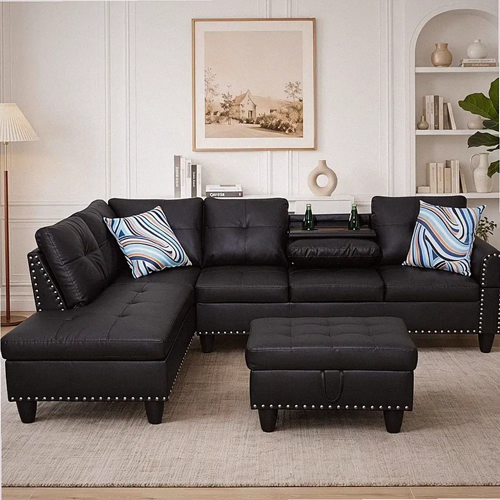 L-Shaped 3-Piece Leather Sectional Sofa with Movable Chaise & Storage Ottoman