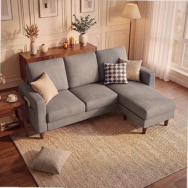 L-Shaped 3-Seat Convertible Sofa with Ottoman - Space-Saving Light Grey Couch