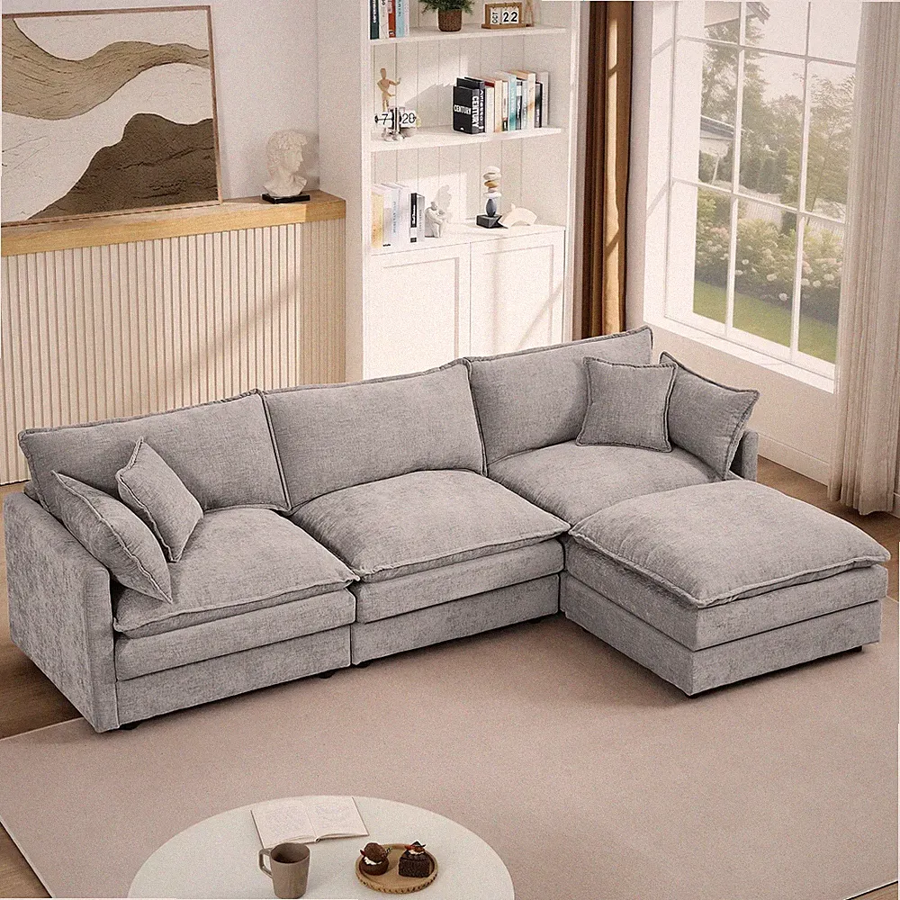 L-Shaped 3-Seater Sofa Gray Chenille Sectional w/ Movable Ottoman for Apartment