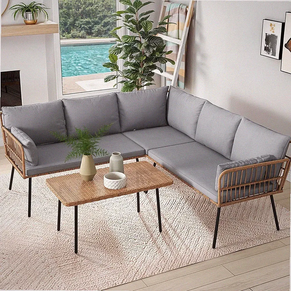 L-Shaped 4-Piece Sectional Sofa with Detachable Lounger & Side Table - Grey