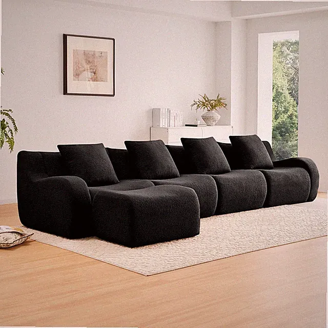 L-Shaped 4-Seat Boneless Sofa,Teddy Fabric No Assembly Required Curved Armrest,A
