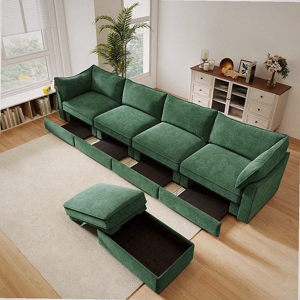 L-Shaped 4-Seat Sectional Sofa w/ Storage Ottoman, Chenille Fabric, Green