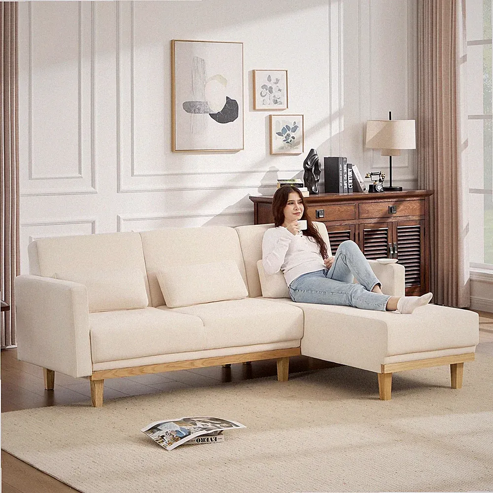 L-Shaped 5-in-1 Convertible Futon Sofa Adjustable Backrest FSC Chenille Beige