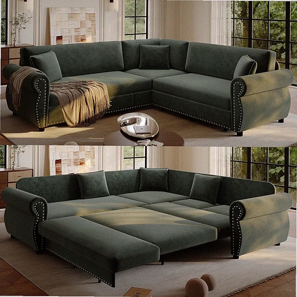 L-Shaped 5-Seat Sleeper Sectional Sofa Bed, Green Chenille Pull Out Couch