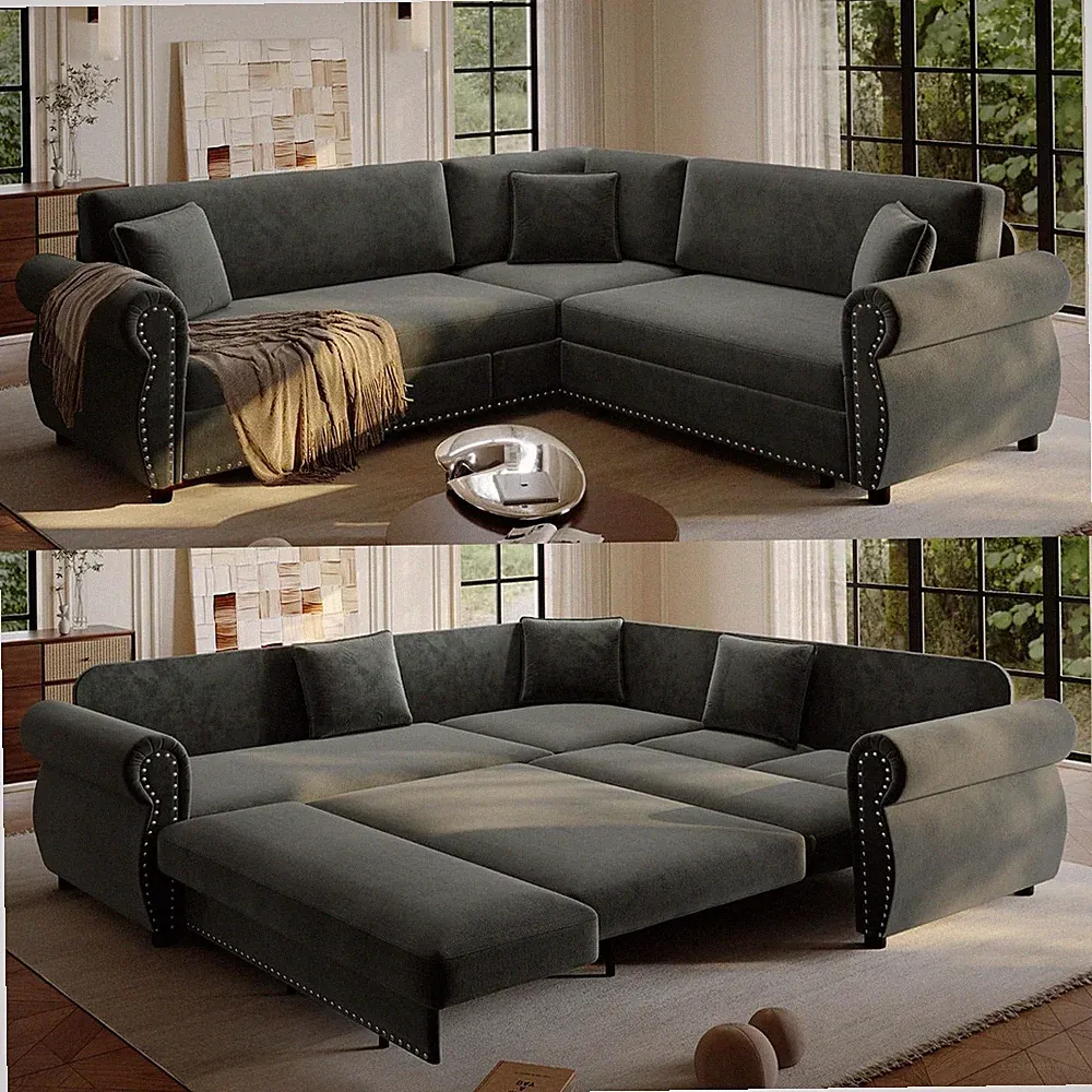 L-Shaped 5-Seat Sleeper Sectional Sofa Bed, Grey Chenille Pull Out Couch